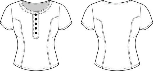 Short-sleeve henley top with button placket and scoop neck technical fashion drawing flat sketch vector illustration for Adobe Stock