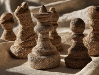 Unique burlap chess set adding rustic charm to any room, perfect for chess enthusiasts and interior design projects, handmade artisanal game decor