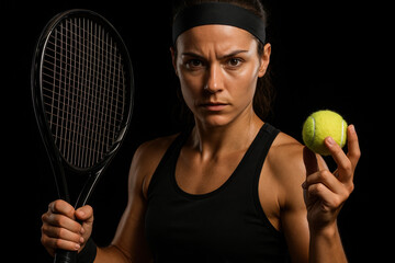 Neon portrait female tennis player with racket and ball. Concept of sports advertising, modern lifestyle, focus, power, fitness, fashion and futuristic energy.