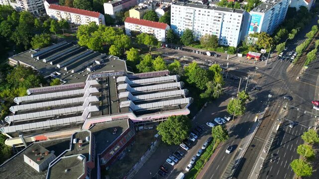 Sez Berlin city, Public Park Friedrichshain. Smooth aerial view flight drone