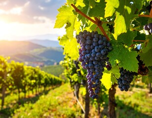 Fototapeta premium Vineyard at sunset with ripe grapes
