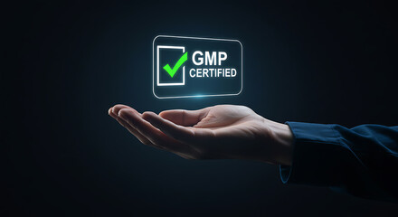 Hand holding green checkmark gmp certified badge certification