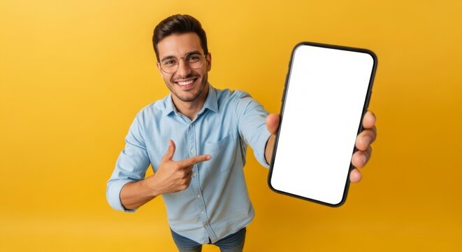 Smiling man pointing at a modern smartphone featuring a blank white screen, perfect for showcasing mobile apps, web designs, or custom digital content.