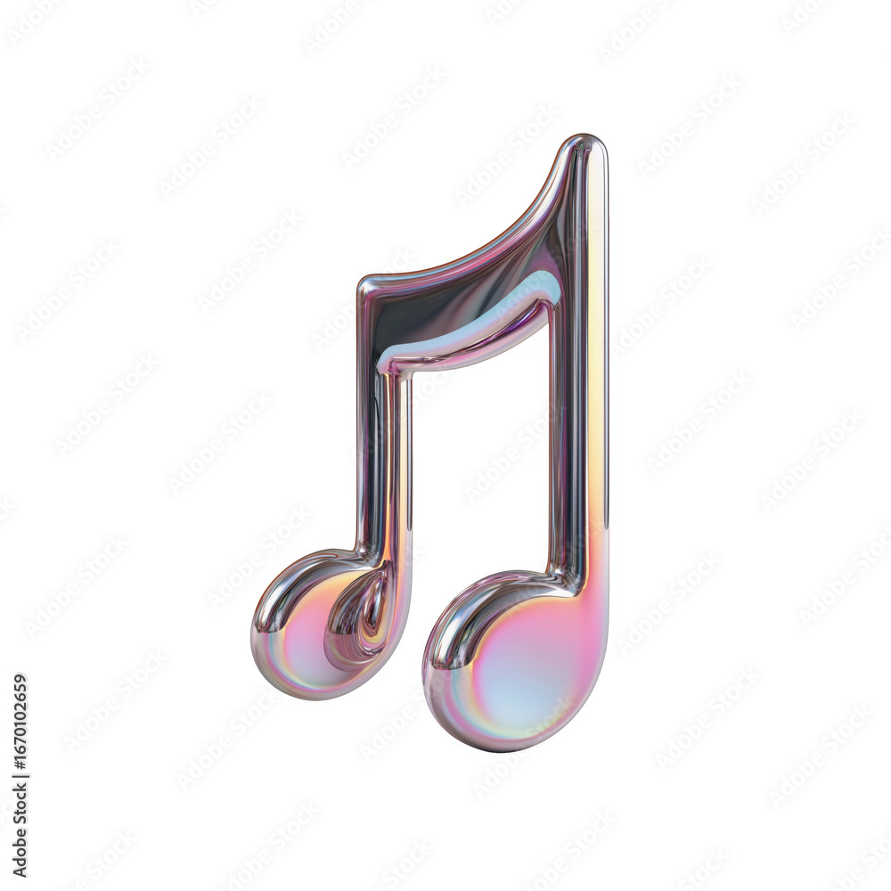 Poster glossy iridescent musical eighth note symbol isolated on a clean transparent background for creative