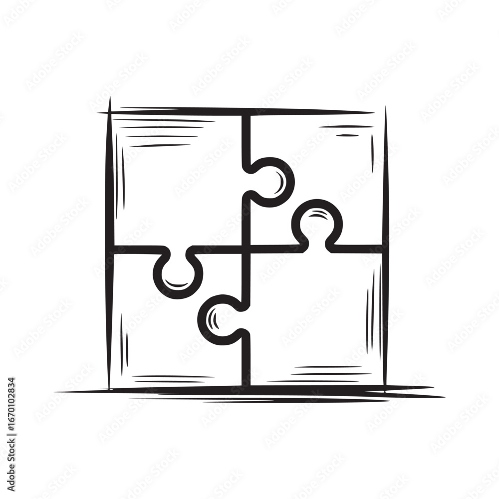 Poster a square puzzle with four pieces interconnected in a sketch style on a white background art