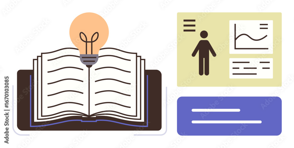 Poster open book with glowing light bulb above, human figure and data chart on board, horizontal text lines