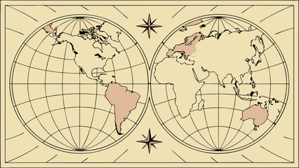 Vintage World Map Illustration Global Travel Geography Navigation Antique Cartography Design.