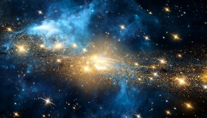 Naklejka premium abstract blue and gold nebula with sparkling stars