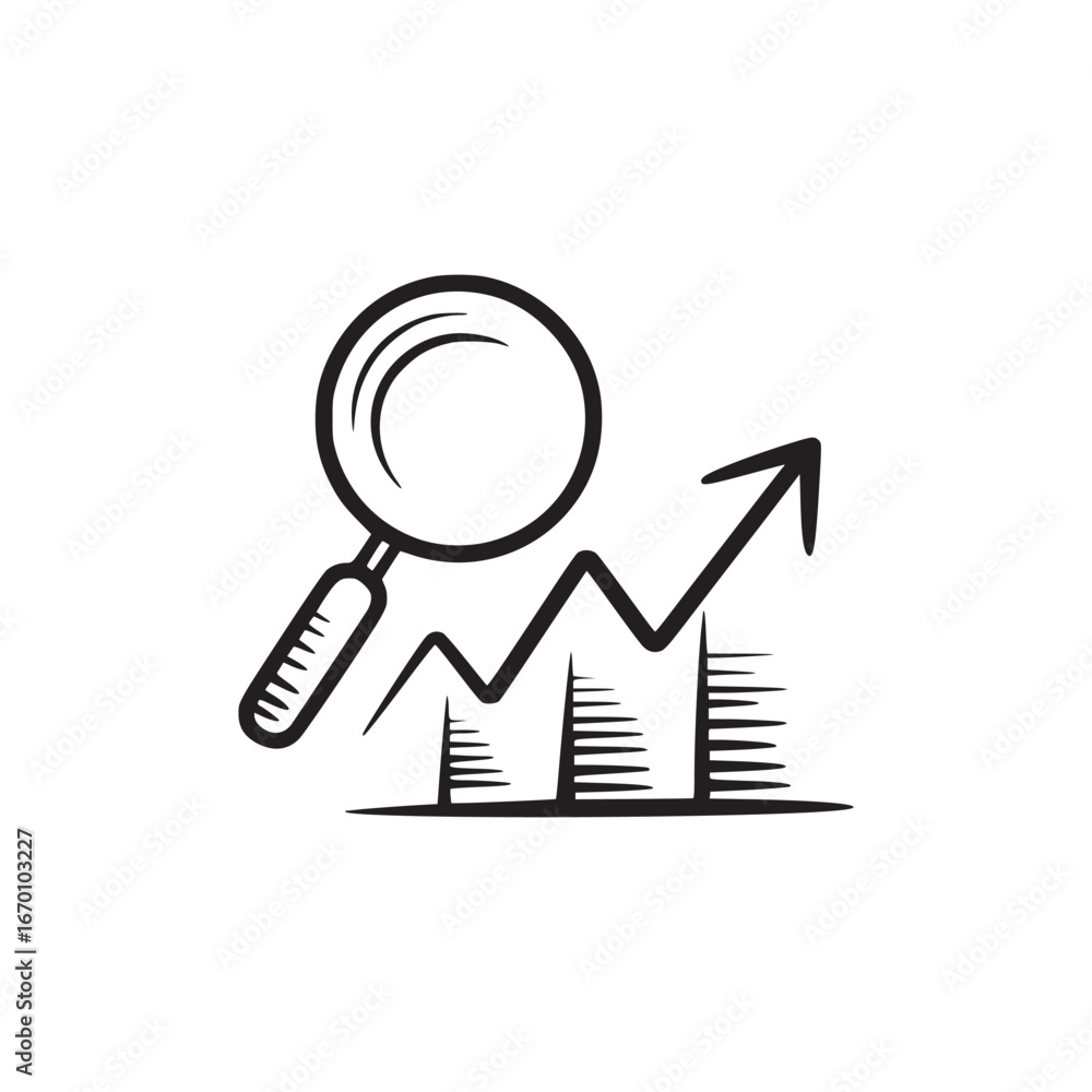 Poster a magnifying glass over a rising graph with bar elements in a black and white minimalist style image