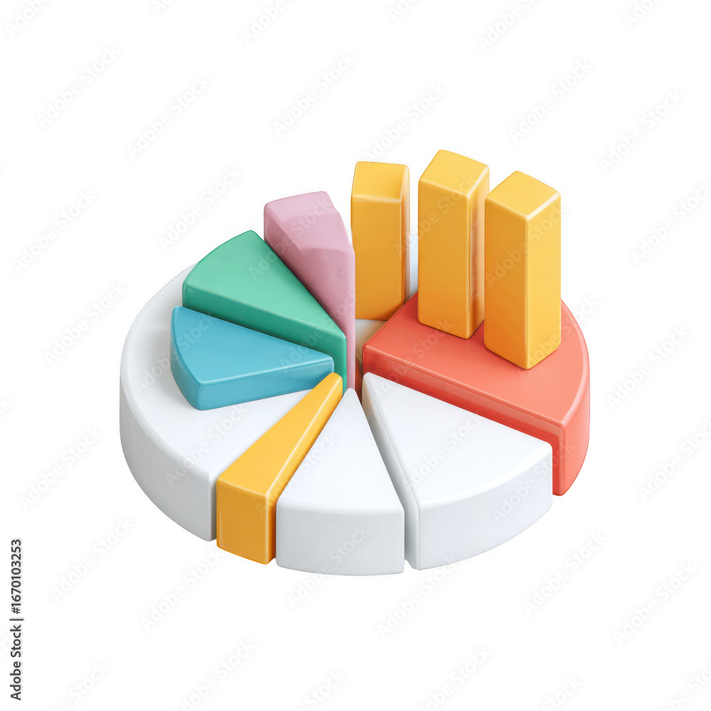 Poster colorful 3d pie chart with bar graph elements representing financial data isolated on transparent ba