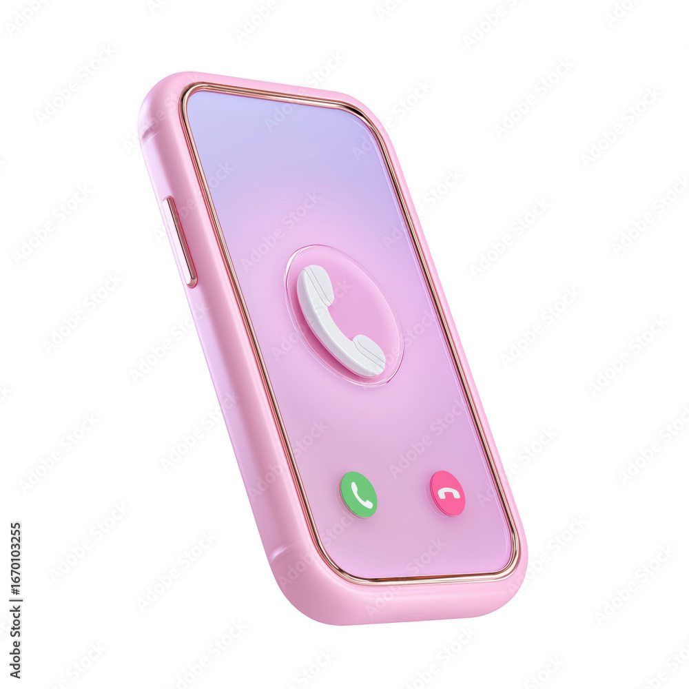 Poster 3d rendered pink smartphone displaying incoming call with green and red answer reject buttons isolat