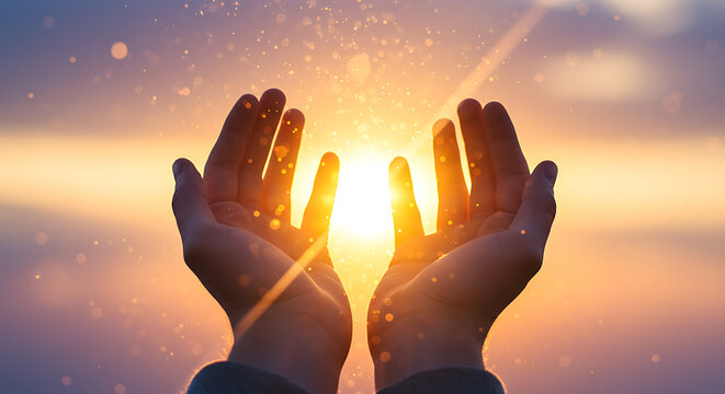Open hands receiving bright sunlight with glowing particles image