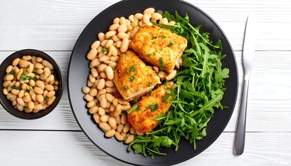 Healthy meal featuring fish, beans, and greens