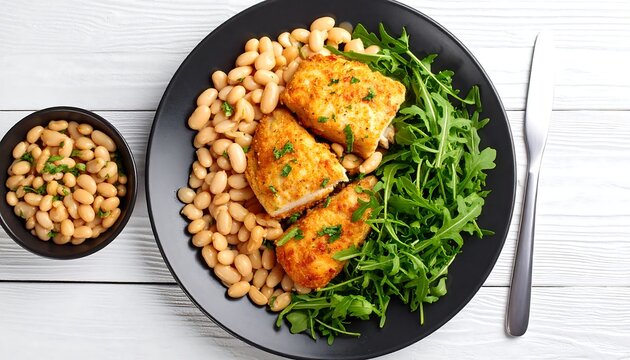 Healthy meal featuring fish, beans, and greens