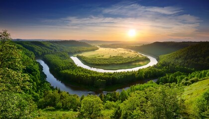 a serene landscape featuring a glowing tree surrounded by lush greenery and mountains with a beam of light shining down creating a mystical atmosphere