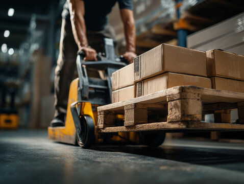 Worker transporting boxes on a pallet jack in a warehouse during a busy workday