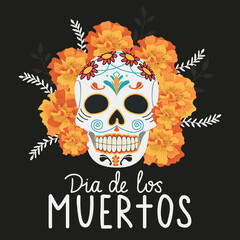Dia De Los Muertos or Day of the Dead Celebration card. Mexican Traditional Festive. Scull Decorated with Marigold flower. 