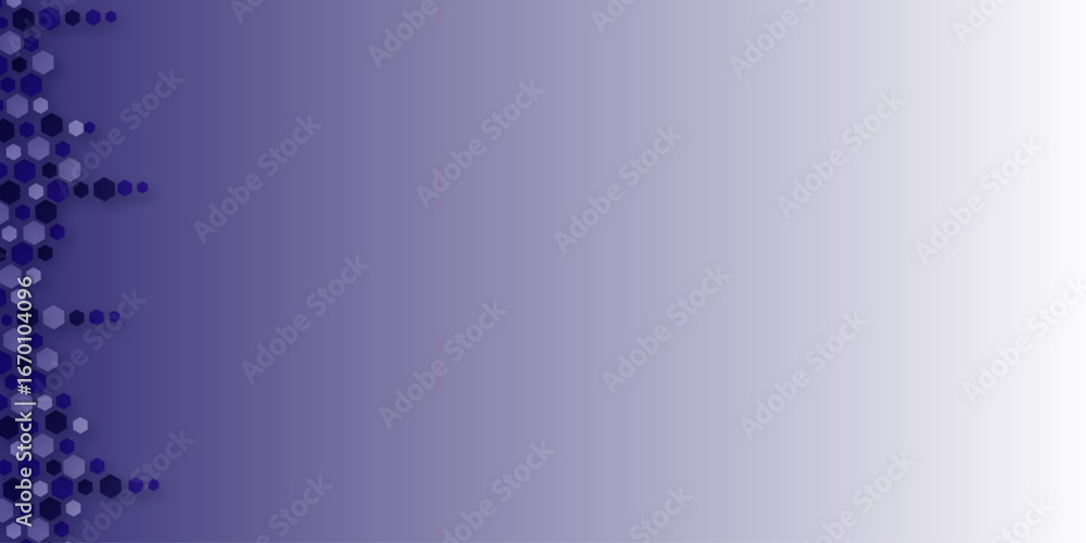 Poster a modern geometric background with a left border of hexagons in varying shades of blue and purple, g