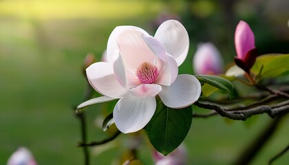 Obraz premium elegant white blossom with pink tinted edges against a softly blurred green backdrop