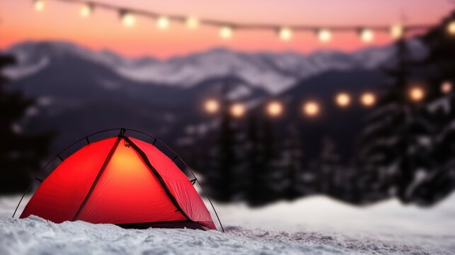 Cozy camping setup in a snowy mountain landscape at sunset with string lights - Powered by Adobe