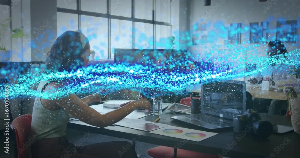 Aufkleber woman tapping tablet initiating particle flow showing data transfer during design collaboration