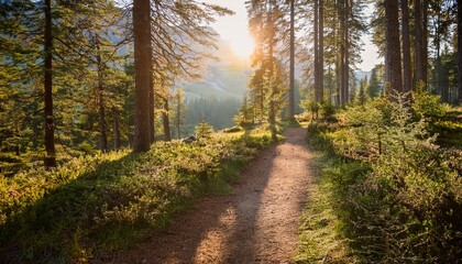 Fototapeta premium hiking adventure through sunlit forest trail mountain region nature photography early morning serene atmosphere