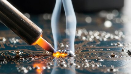 Electronic repair soldering circuit board with bright heat and smoke - Powered by Adobe
