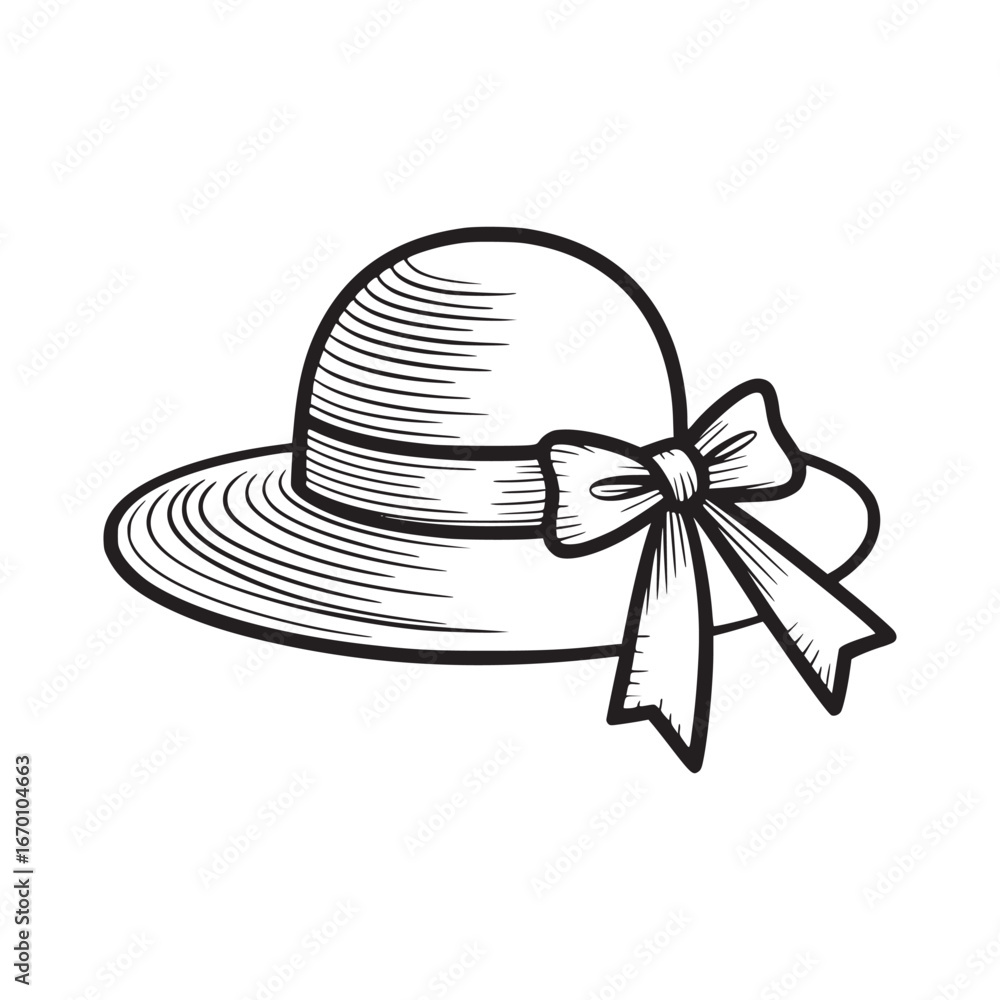 Poster a line drawing of a sun hat with a bow on the side and a white background in a simple style