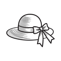 A line drawing of a sun hat with a bow on the side and a white background in a simple style