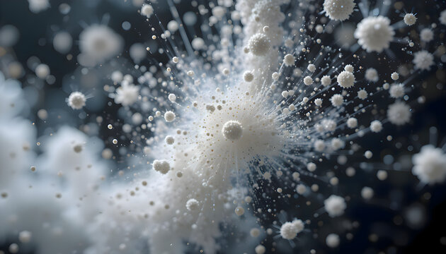 Abstract macro view of white spores spreading in dynamic motion, resembling a microscopic biological explosion in space.