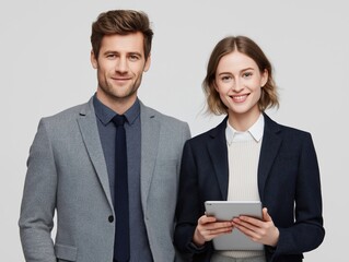 Confident business team ready to boost your brand with their modern style and tech savvy presentation using a sleek tablet for innovative solutions