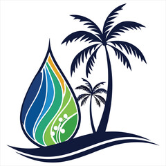 Palm Tree Vector. Palm Tree Beach Wave Vector. Tropical Island Drop Logo. Island Resort Logo in Water Drop Shape. Palm Tree Design. Half-round retro badge with silhouettes of palm trees. Illustration