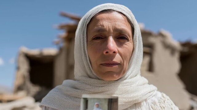 Middle-aged woman with headscarf holds a photograph, conveying resilience and memory, set against a backdrop of weathered ruins under a clear sky