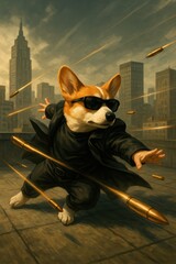 Action parody with corgi dodging bullets mid-air on rooftop cityscape with cinematic effect