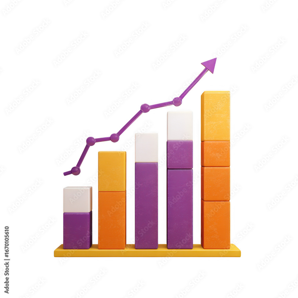 Poster 3d bar chart with upward trend line showing growth and success isolated on transparent background