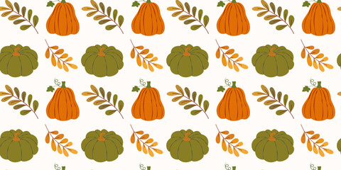 Horizontal autumnal seamless pattern with orange and green pumpkins and leaves on white background. Colorful flat vector illustration. Ideal for backdrop, textile, web, packaging, wallpaper.