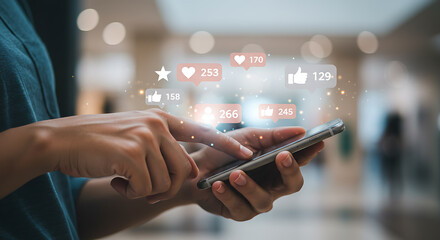 Person using smartphone with social media notifications likes hearts