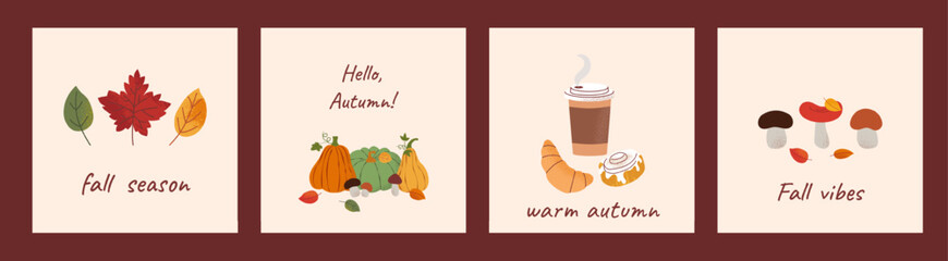 Set of greeting square cards with colorful leaves, mushrooms, hot beverage, pumpkins, cinnamon bun and text. Flat vector illustration. Perfect for background, social media, cover, invitation.