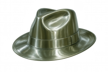 Metallic green fedora gleaming, reflecting light, positioned against transparent backdrop for fashion-forward design concepts