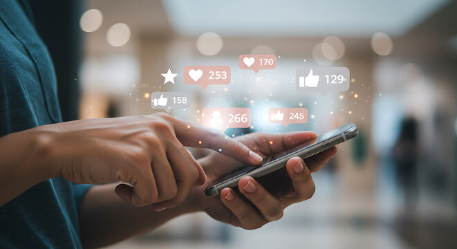 Person using smartphone with social media notifications likes hearts
