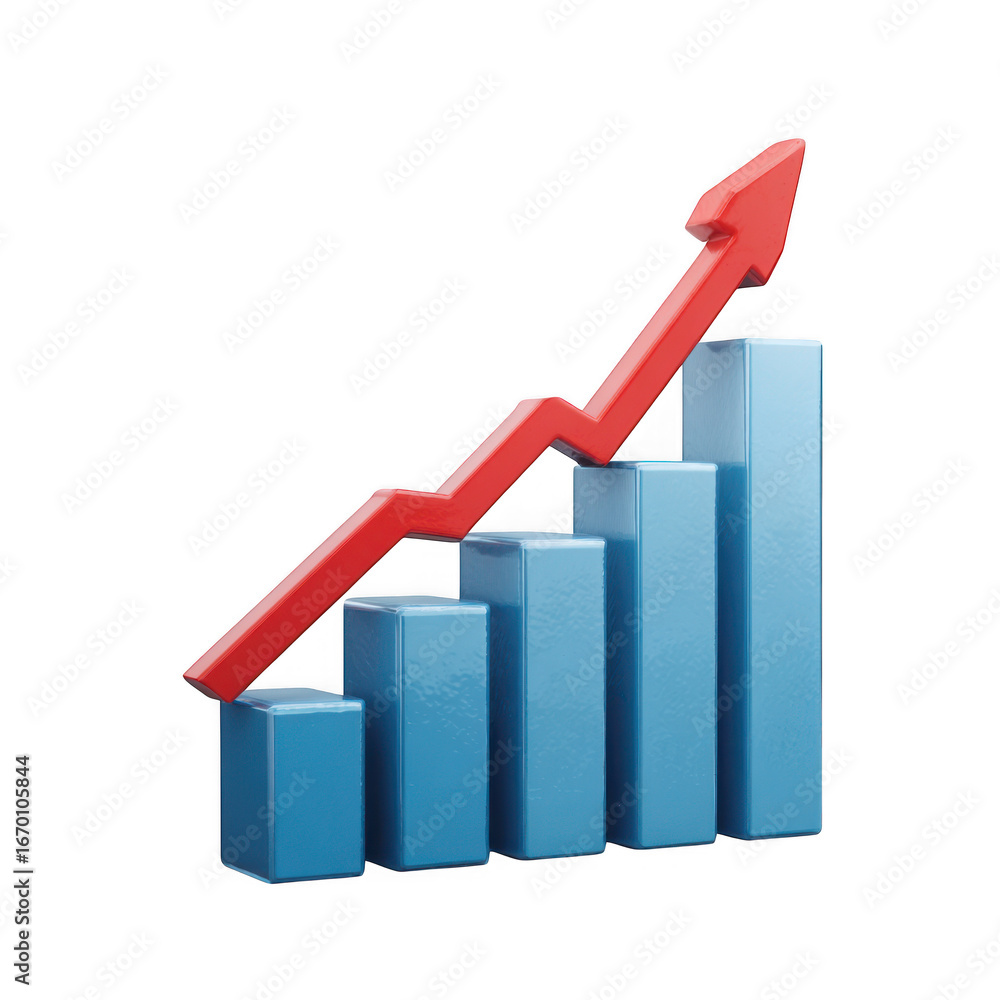 Poster 3d red arrow graph shows upward trend over blue bar chart isolated on transparent background