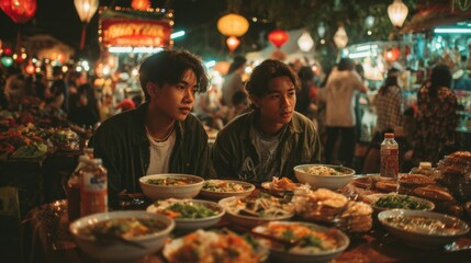 Fototapeta premium Two friends savor delicious street food at a vibrant Asian night market, embodying the idea of culinary discovery and camaraderie.