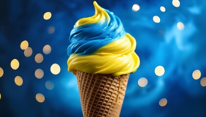 a vibrant bright ice cream cone with swirls of blue and yellow ice cream reminiscent of the ukraine flag captured in a vertical shot perfect for a delicious summer dessert reel or story
