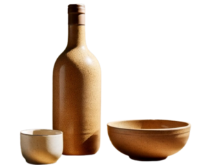 Japanese Sand-Colored Ceramic Cup and Bowl Beside Rice Wine Bottle on Transparent Background  PNG