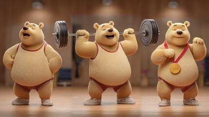 Obraz premium Three plush bears show weightlifting pre effort lifting and proudly wearing a gold medal