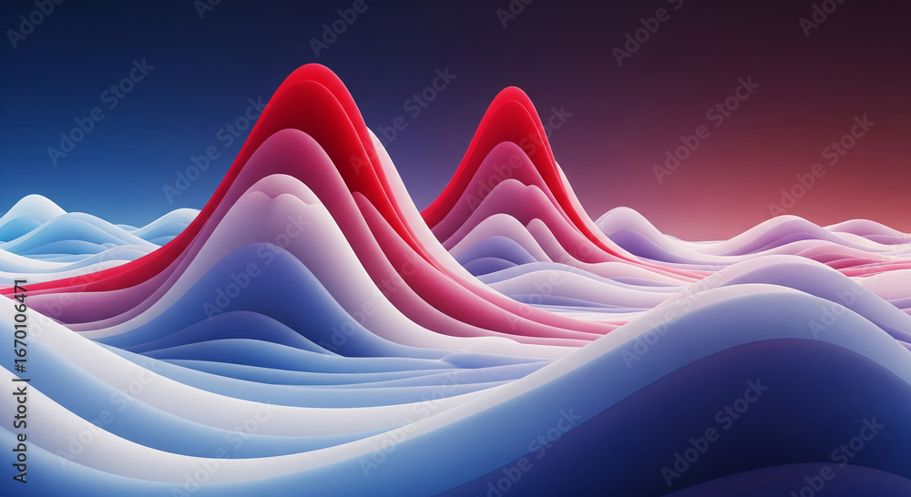 Poster abstract waves of red, white, and blue create a dynamic landscape with smooth curves and gradients, 