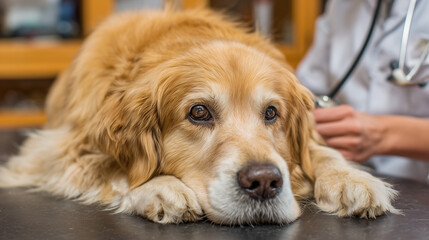 Golden Retriever dog examined by a veterinarian with a stethoscope