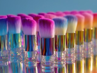 Vibrant rainbow makeup brushes for flawless beauty looks and professional cosmetic artistry, perfect for tutorials, ads, and social media beauty campaigns