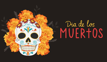 Scull Decorated with Marigold flower. Dia De Los Muertos or Day of the Dead Celebration banner. Mexican Traditional Festive.