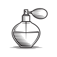 A black and white drawing of a perfume bottle with a bulb atomizer on a white background simple design